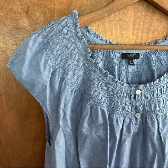 Talbots Large Blue Chambray Smocked Top Boho Cottagecore Fairy Peasant Prairie - Picture 8 of 14
